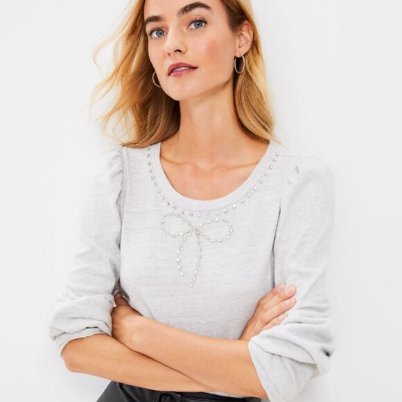 Loft Sparkle Bow Cozy Puff Sleeve Sweatshirt Size M Gray Blouson Puff Sleeve - Picture 3 of 3
